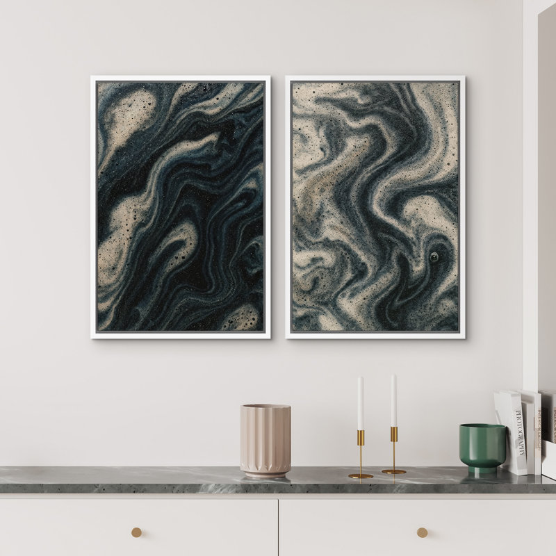 Art mural abstrait, ensemble de 2 reproductions d'art encadrées sur toile, H 24 po x l 32 po, Blanc