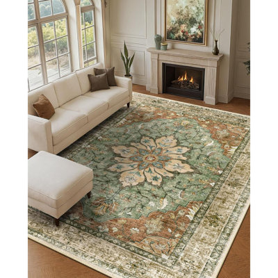 Area Rugs Washable Non Slip Floral Vintage Distress Print Pattern Medallion Carpet For Living Room Bedroom Dining Room Brick Rust Neutral Burnt