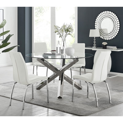 Vogo Modern Design Chrome and Glass Dining Table Set with 4 Soft Touch Faux Leather Dining Chairs