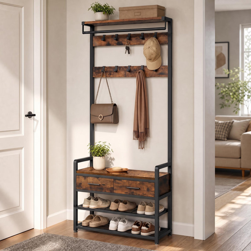 Hall Tree With Bench And Shoe Storage, Vintage Brown/Ink Black