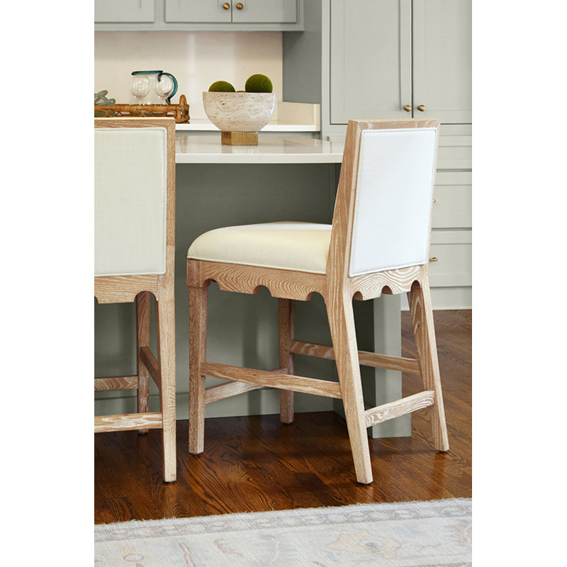 Square Back Counter Stool with Decorative Apron with Performance White Linen Upholstery, Natural