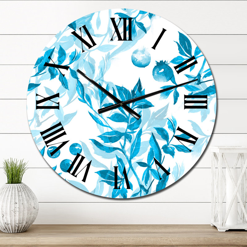 Horloge murale à motif feuilles et baies turquoise sur blanc, Petit
