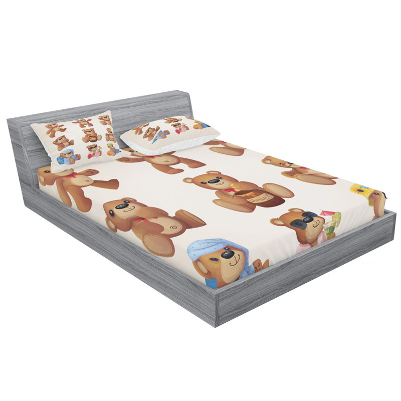 Full White Microfiber Teddy Bear Print Bedding Set