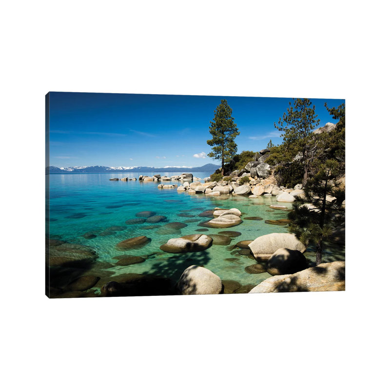 Rocks In A Lake With Mountain Range In The Background, Lake Tahoe, California, USA - Wrapped Canvas Print