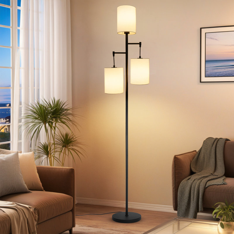 71'' Tree Floor Lamp with 3 Linen Drum Shades and Matte Black Base
