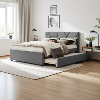 Queen Size Upholstered Platform Bed With Brick Pattern Headboard And Twin XL Size Trundle, Linen Fabric