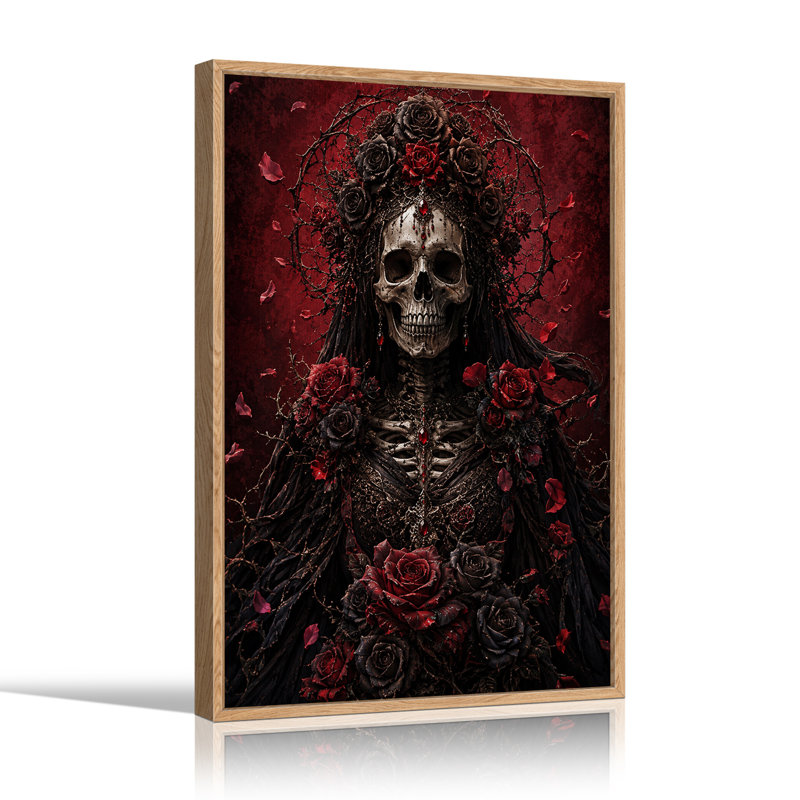 Art mural sur toile gothique avec reine squelette et roses rouges, 48"H x 36"W