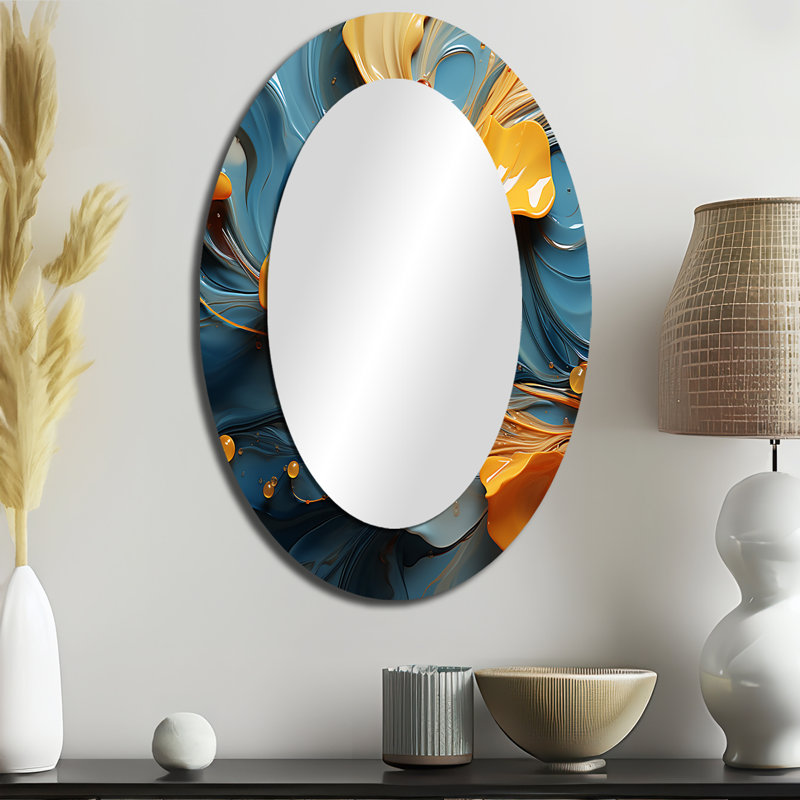Feuilles d'oranger modernes flottant sur une vague bleu tendre - Grand miroir mural ovale sur support mÃ©tallique