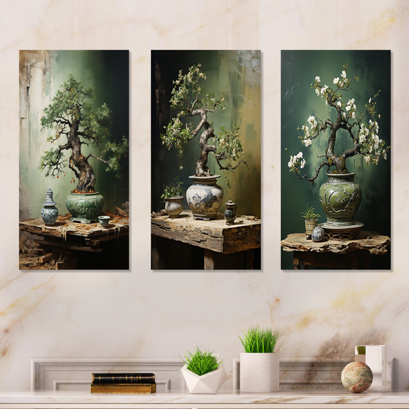Ancient Bonsai Miniature II - Tree Bonsai Metal Wall Art Living Room Set Of 3, 28" H x 36" W