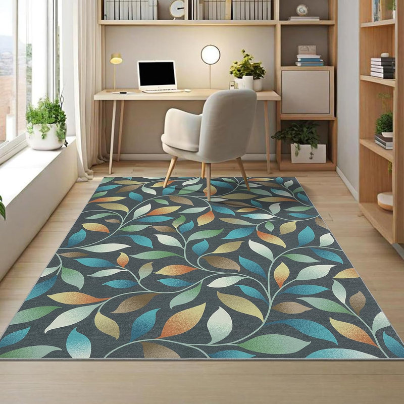 5x7 Washable Modern Botanical Rug Non-Slip Low Pile Leaf Pattern Foldable Stain Resistant Indoor Carpet Dining Room Red