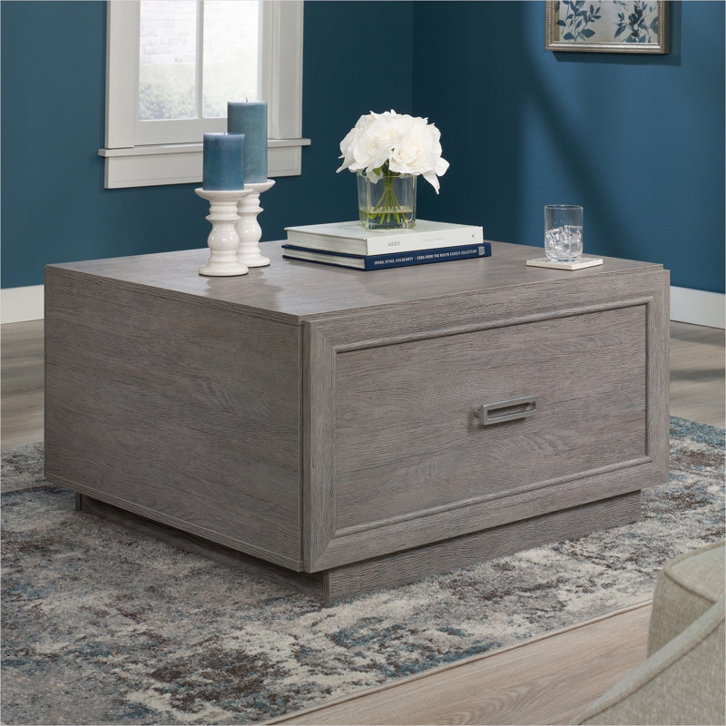 Table basse de ton brun avec tiroir et tablette ouverte d'aspect béton, en bois d'ingénierie, 34,02 L