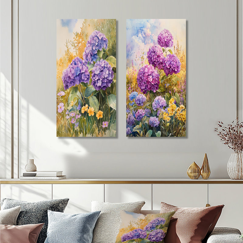 Country hortensias et fleurs sauvages I - impressions sur toile florales 2 panneaux, H 28 po x l 25 po, Toile tendue