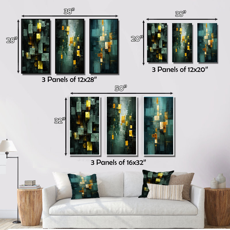 Emerald Reflections Abstract Cubist - Ensemble de 3 peintures abstraites, H 32 po x l 48 po, Toile tendue