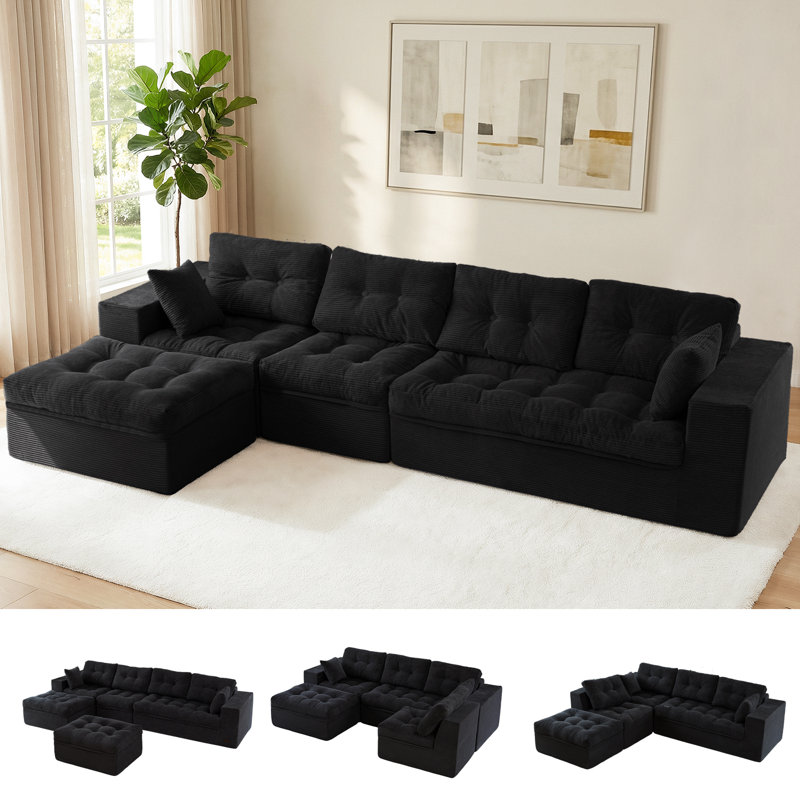 Boneless Corduroy Cloud Modular Couch,4-in-1 Flexible Combination Sectional Sofa, Black, 21" H x 102" W x 66.5" D