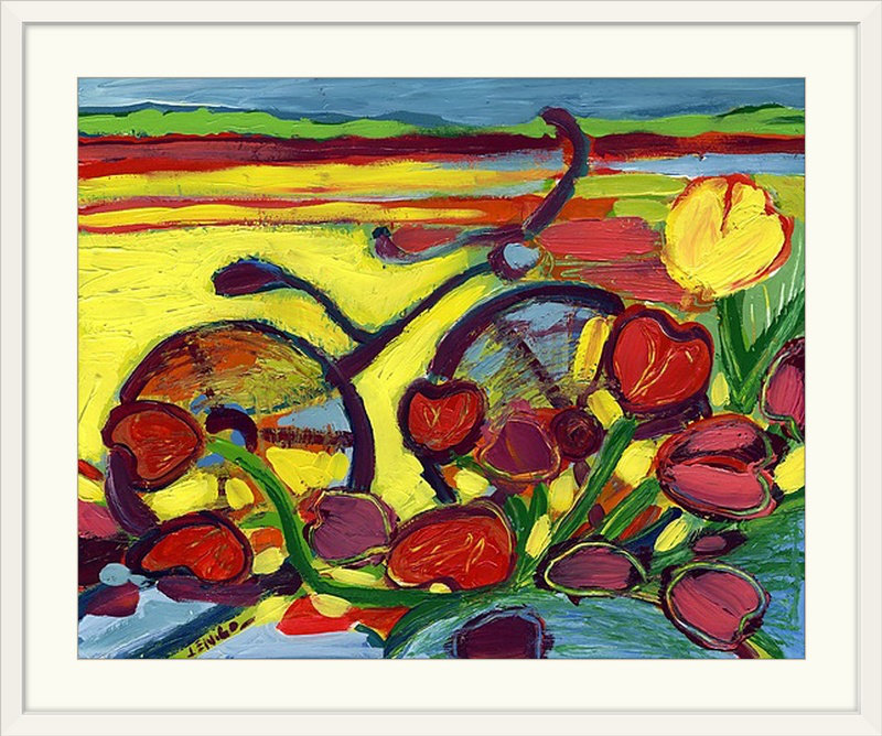 Nolani «Cycle de vélo à travers le champ de tulipes # 2» - reproduction d'art, H 20 po x l 23 po x P 1 po, Cadre blanc