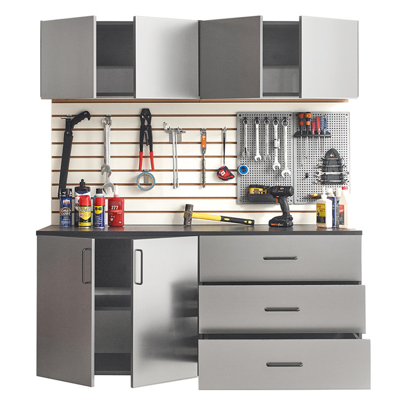 Series 64 In. W X 79 H 20 D 5 Garage Cabinet C With Unique Stylish Metallic Gray Finish, Drawers And Doors, Water Heat , 2X Thicker Edge Banding, E0-Grade Board, Device On Shelves, Heavy-Duty Double