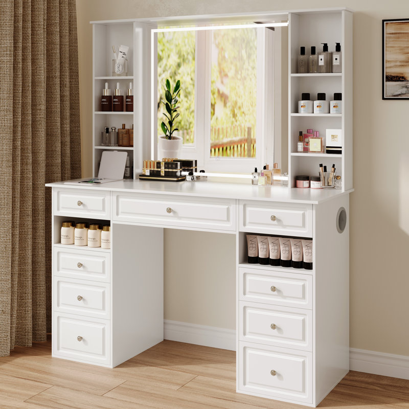 Coiffeuse intelligente avec miroir à DEL, haut-parleur Bluetooth intégré, coiffeuse blanche à 9 tiroirs et support de rangement ouvert, meuble-lavabo de comptoir en verre pour les femmes dans la chambre à coucher.