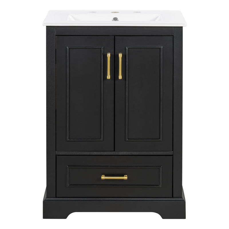 Meuble-lavabo 24 po avec lavabo, armoire en panneau de fibres à densité moyenne avec cadre en bois massif, 1 tiroir divisé et 2 portes à fermeture douce avec supports de rangement à deux portes, meuble-lavabo autoportant