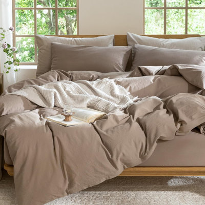 Ensemble de housse de couette en coton délavé brun lin cacao, confortable, doux et respirant, très grand (104 po x 90 po)