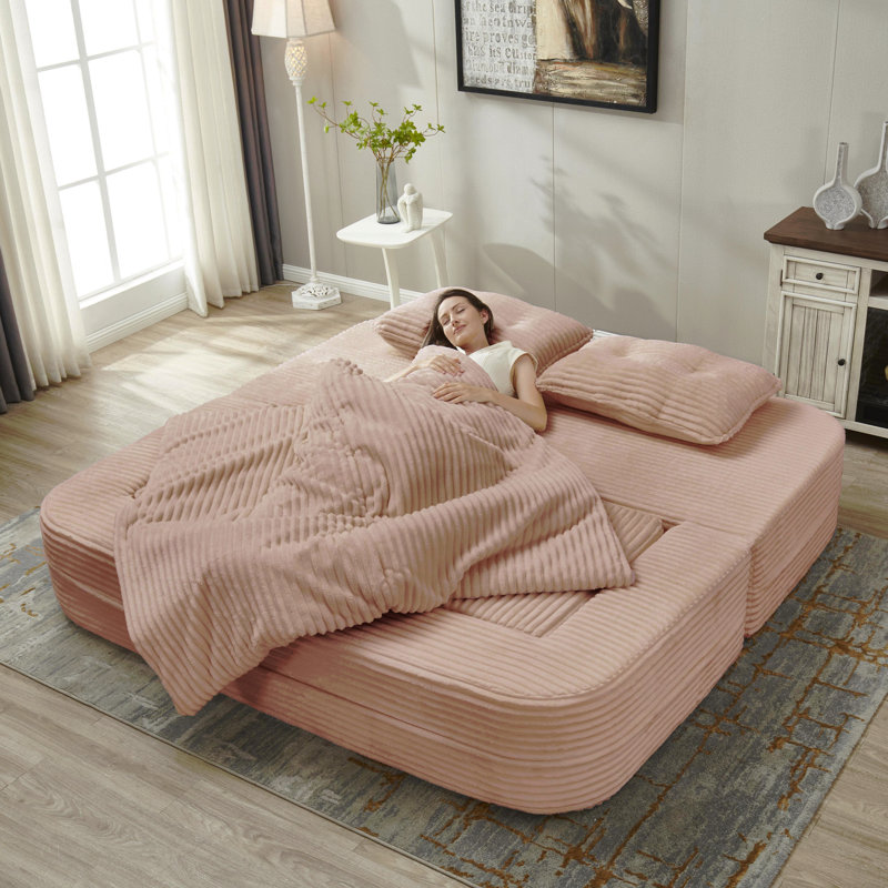 Canapé-lit modulaire multifonctionnel avec méridienne indépendante et couverture fonctionnelle, canapé en velours côtelé moelleux, canapé-lit convertible, lit très grand 80 po, canapé moelleux à assise profonde, rose