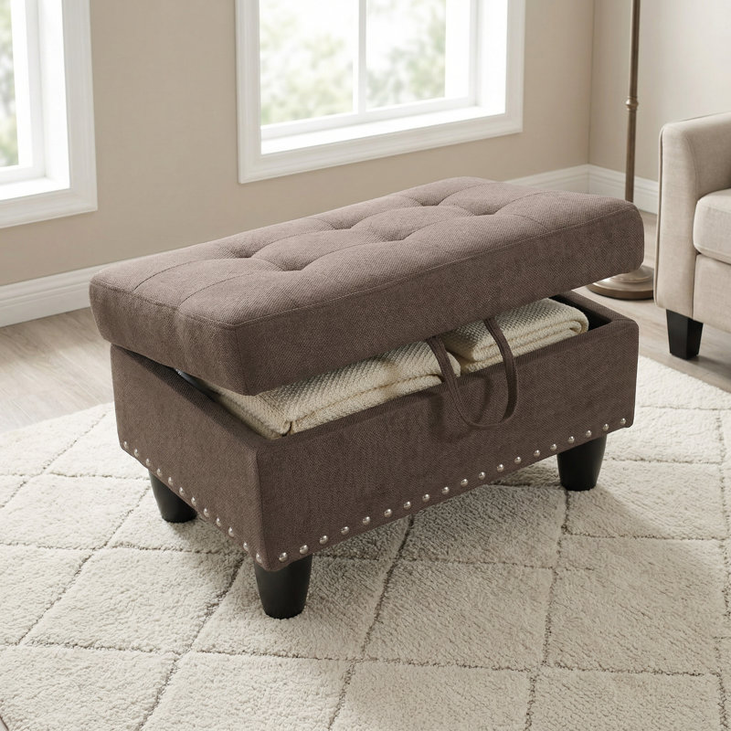 Brown Storage Footstool Decorated With Copper Plated Nails And Wear-resistant Fabric Solid Wood Frame