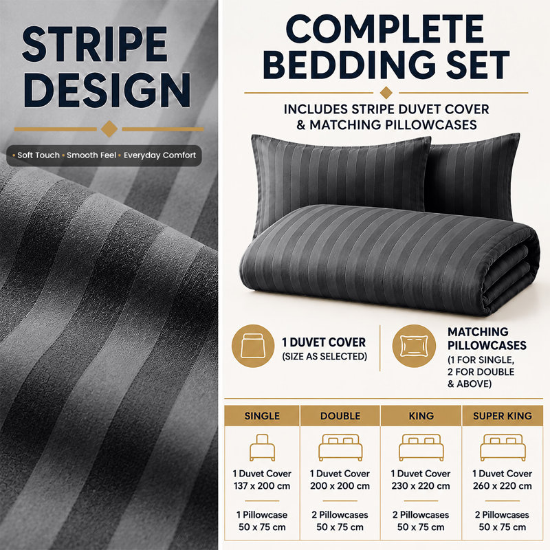 Microfiber Striped Duvet Cover Set with Pillowcases Included, Double Duvet Cover Set + 2 Standard Pillowcases, Grey