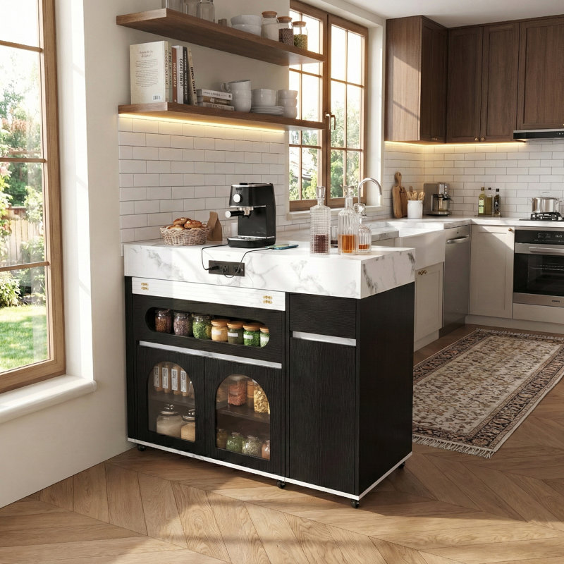 74" Kitchen Island Center With Extendable Drop Leaf Dining Table,Modern Farmhouse Prep Station With Storage