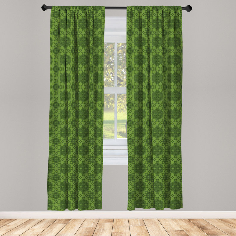 Sage Panel Curtain, Old Fashioned Pattern with Geometrical Backdrop Mandala Inspired Flowers, Lightweight Window Treatment Living Room Bedroom Decor, Fern Green Olive Green Semi-Sheer Rod Pocket Sliding Panel