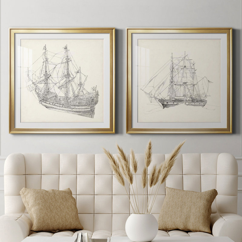 Croquis de bateau antique I Croquis de bateau antique I - ensemble de 2 reproductions de dessins encadrés, Blanc