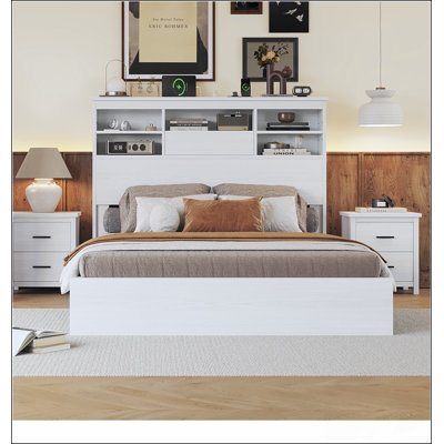 Queen Size Vintage Platform Bed With Storage Headboard And Built-In Charging Station, White by Lark Manor