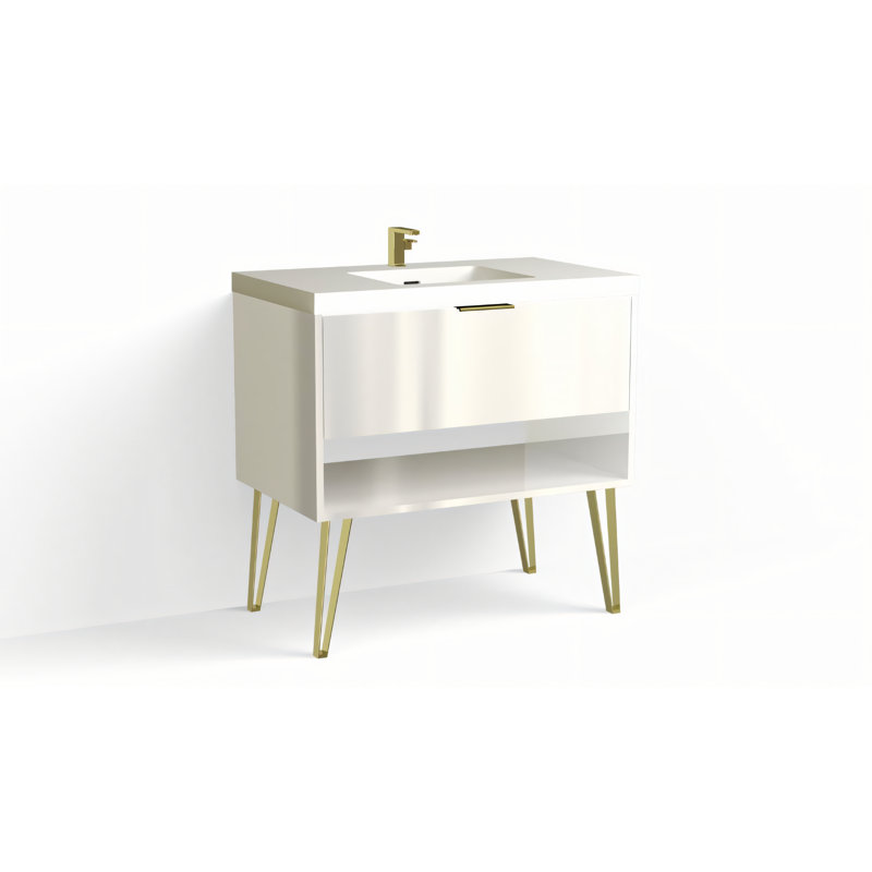 Modo 36" W Freestanding Single Bathroom Vanity with Dawson Leg, Matte White/Single, White Acrylic, Satin Brass