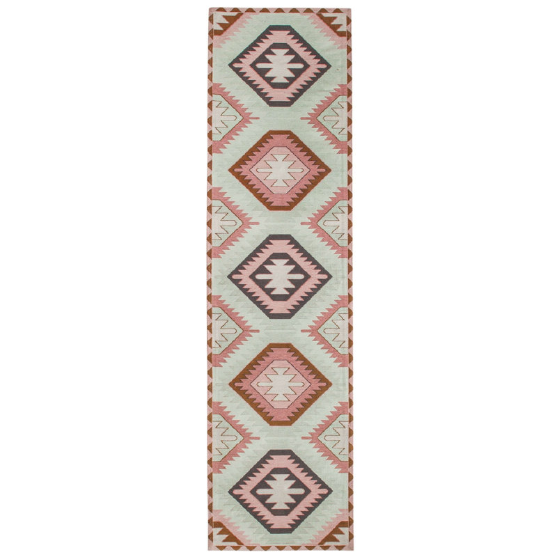 Tapis rond rose et vert Amelia-Louise, Tapis de couloir 2 pi 7 po x 16 pi 1 po
