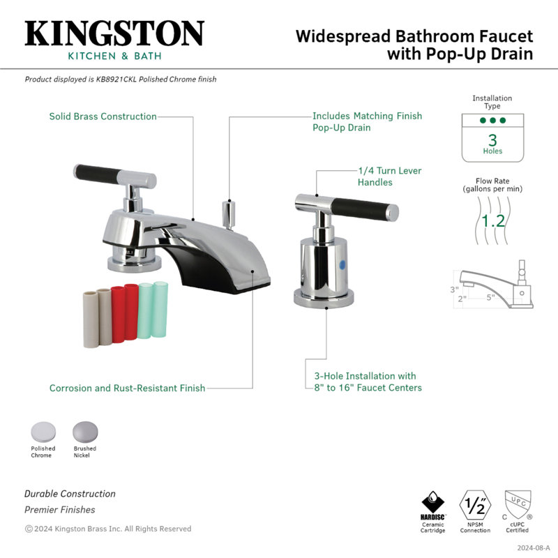 Kingston Brass Kaiser Two-Handle 3-Hole Deck Mount Widespread Bathroom Faucet with Retail Pop-Up Drain, Polished Chrome