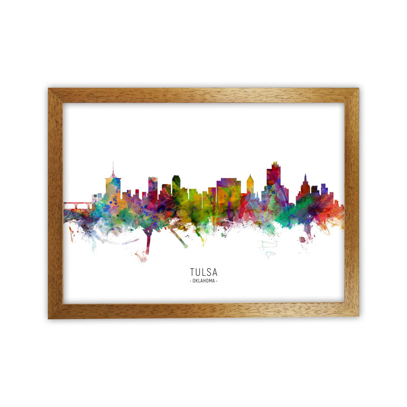 Tulsa Oklahoma Skyline by Michael Tompsett - Print, 25cm H x 34cm W x 3cm D, Brown Framed