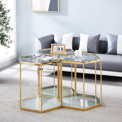 Modern Gold - Table de bout en acier inoxydable avec verre - Maximisez le rangement, sans effort pour nettoyer et installer la pièce d'extrémité avec cadre doré
