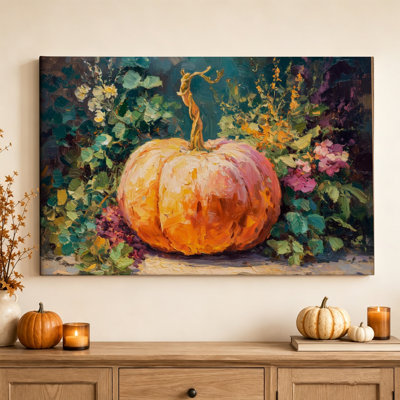 Gros plan sur une citrouille - Décoration murale rustique avec courge d'automne, impression sur toile tendue de 51 cm x 76 cm, prête à être accrochée dans la salle à manger, la cuisine ou le salon.