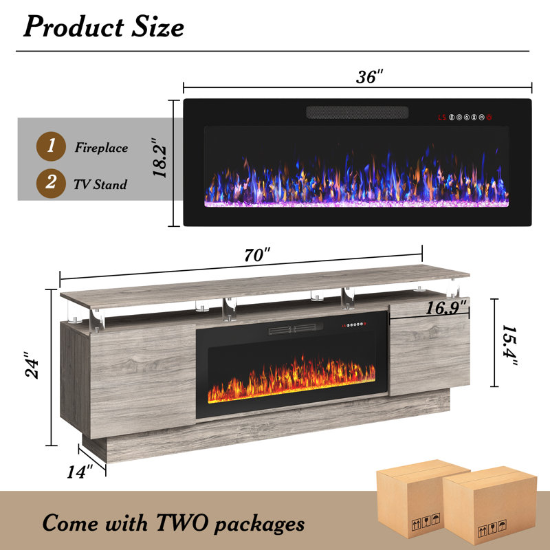 2 Tier High 70" Gloss Tv Stand With Electric Fireplace, Gray/Black