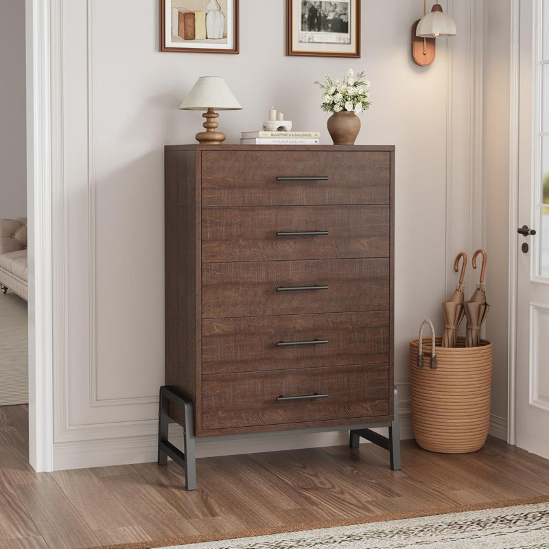50.5-Inch Tall 5-Drawer Freestanding Cabinet in Brown - Large Capacity Wood Storage Unit for Living Room, Bedroom or Entryway