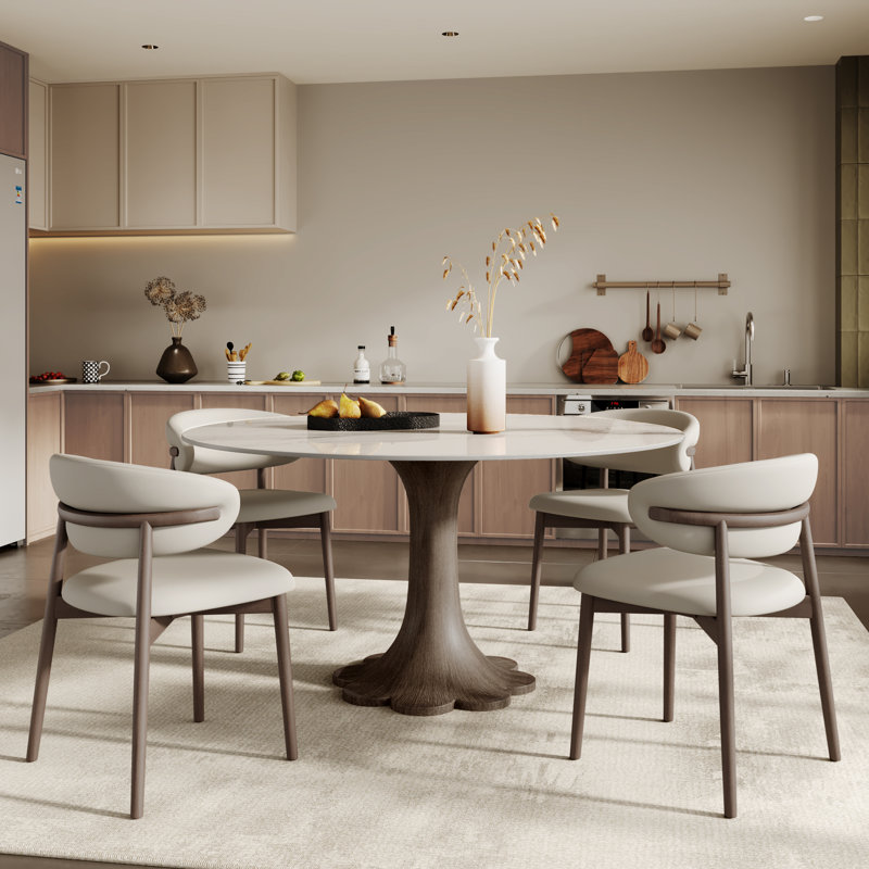 Mid-Century Modern Snow/Sand Sintered Stone Round Colyer Solid Wood Floral-Shaped Pedestal Walnut/Dark Walnut Tone (1 Table, 4/6/8 Chairs)