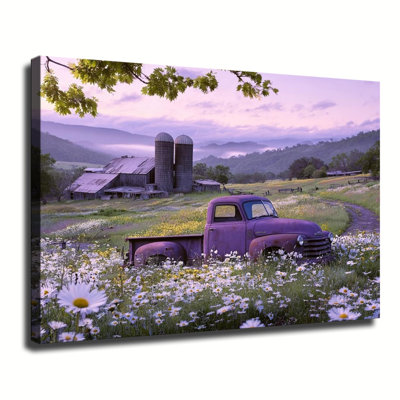 Vintage Purple Pickup Truck In Wildflower Country Farmland, Large Gallery Wrapped Canvas Wall Art Print For Living Room Bedroom