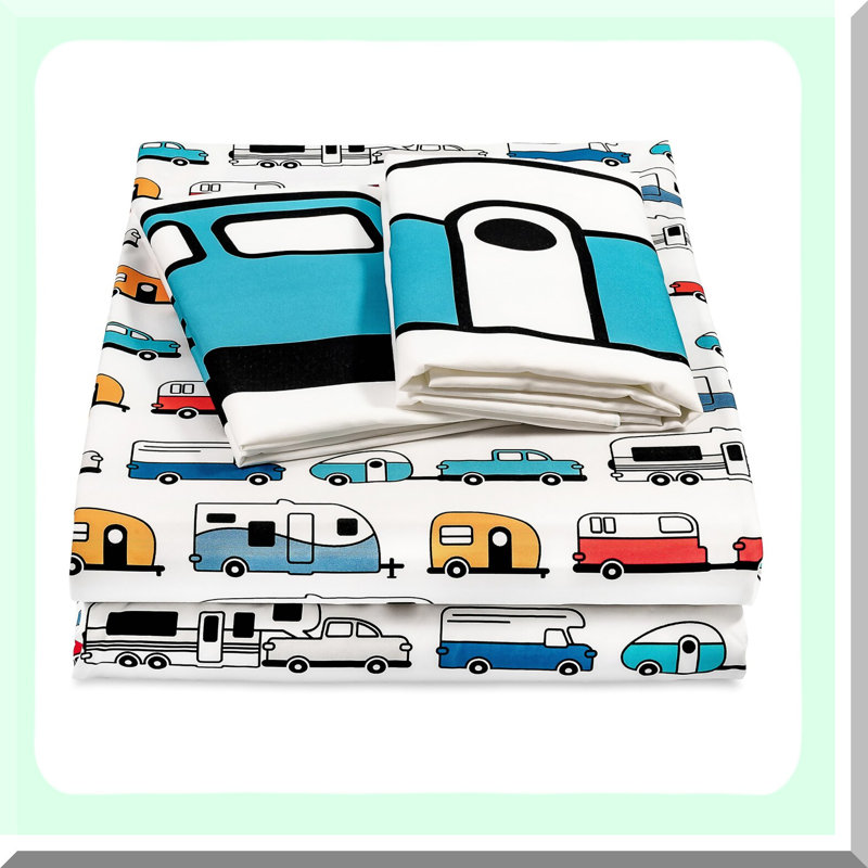 Campsite Comfort Queen Bed Sheet Set - Travel Trailer Print Design - Soft Polyester - 4-Piece Set
