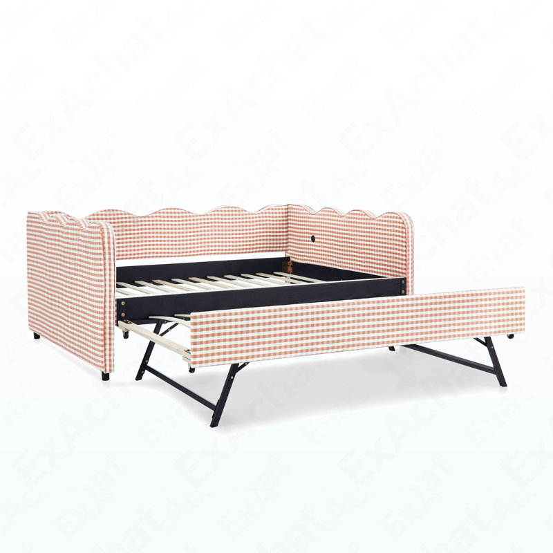 Lit de jour double en vichy double avec couchette simple sans sommier, avec port USB et adorable tissu en forme de vague