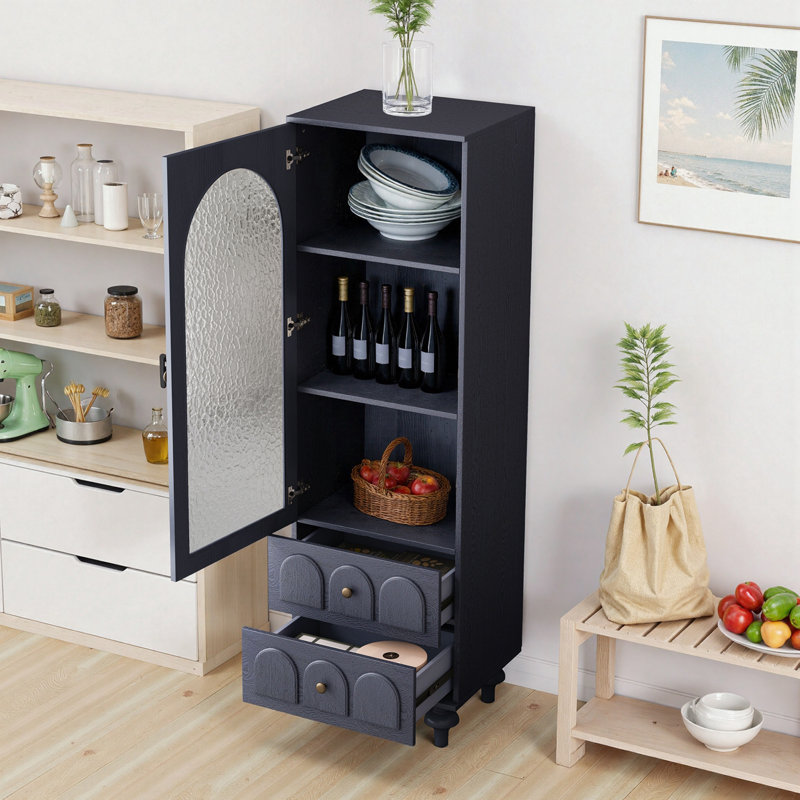Grande armoire de rangement avec porte en verre trempé, deux tiroirs et tablette réglable pour une organisation polyvalente