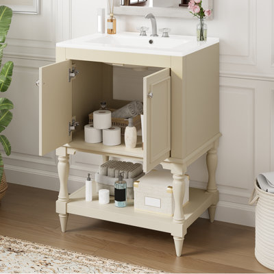 Meuble-lavabo de luxe moderne 24 po avec lavabo en céramique, armoire de salle de bain avec tablette ouverte et rangement fermé