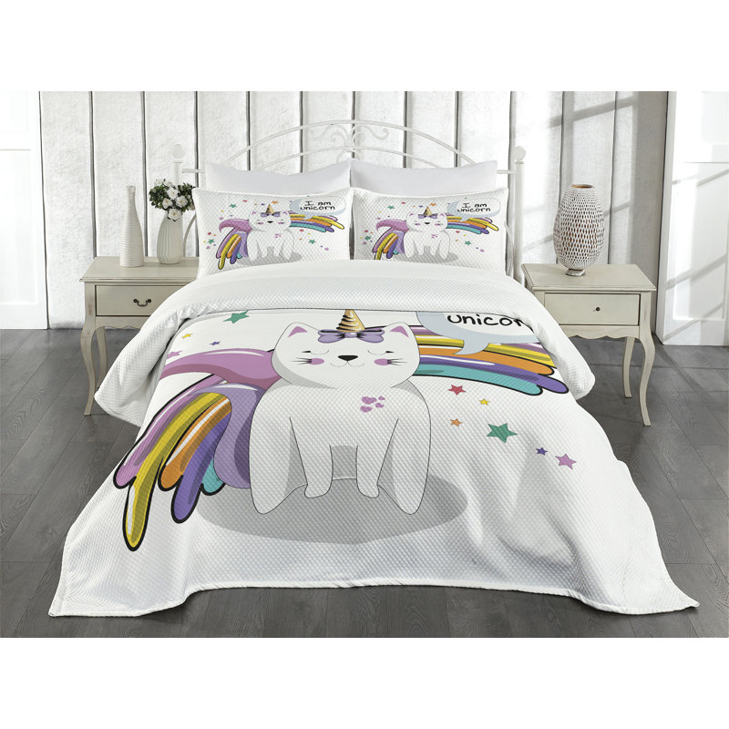 Ambesonne Unicorn Cat Bedspread Fiction Multicolor, King Coverlet/Bedspread + 2 Pillow Shams