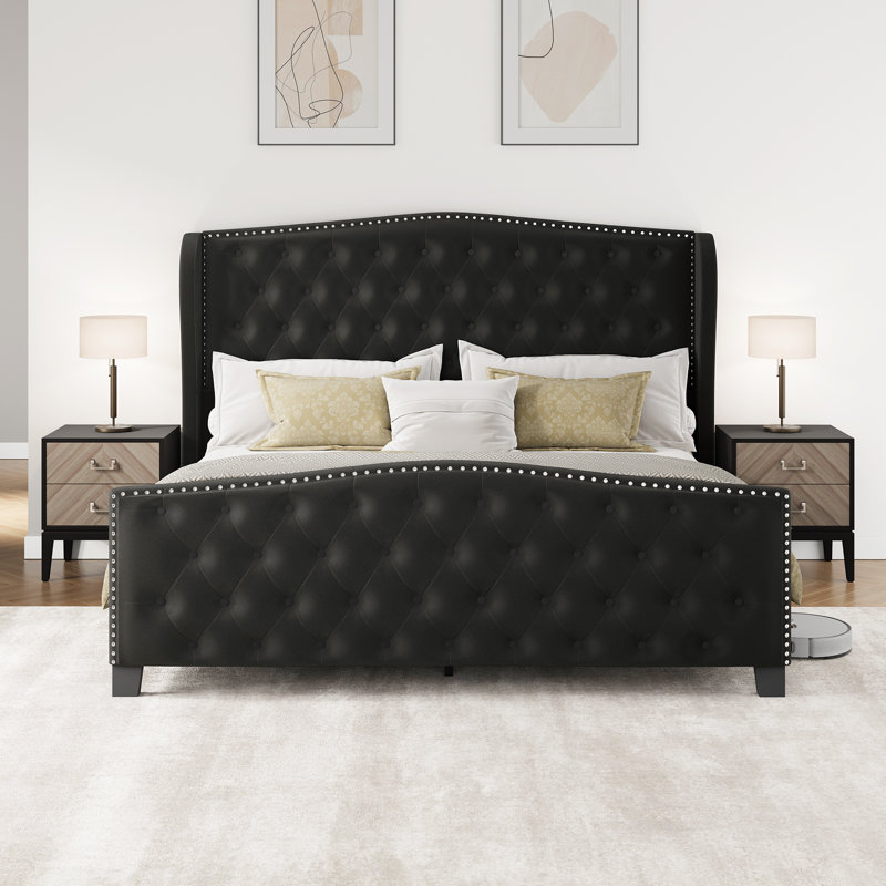 House of Hampton® Velvet Upholstered Platform Bed Frame With 51.1" Wingback Headboard & Deep Button Tufted Footboard, No Box Spring Required, Easy Assembly