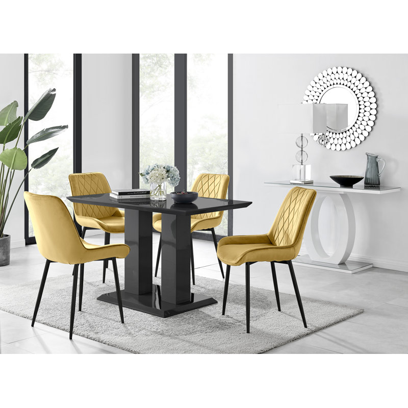Edzard Double Pedestal High Gloss Dining Table Set with 4 Luxury Velvet Dining Chairs, Black, Yellow/Black
