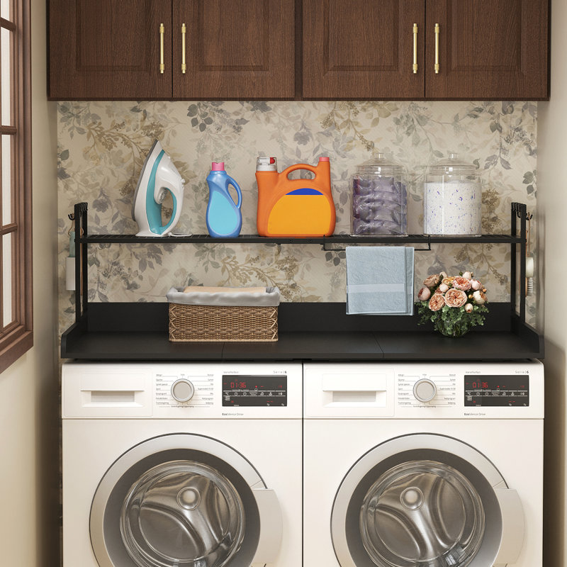 Washer Dryer Countertop With Adjustable Shelf, Splice Type, 54" X 27.5" Melamine Cover For The Top With Edge Rails, Towel Rack, 8 Hooks, Laundry Room Storage And Organization