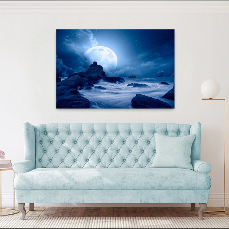 Couple sous la pleine lune, art mural côtier dramatique et mystérieux, H 60 po x l 40 po