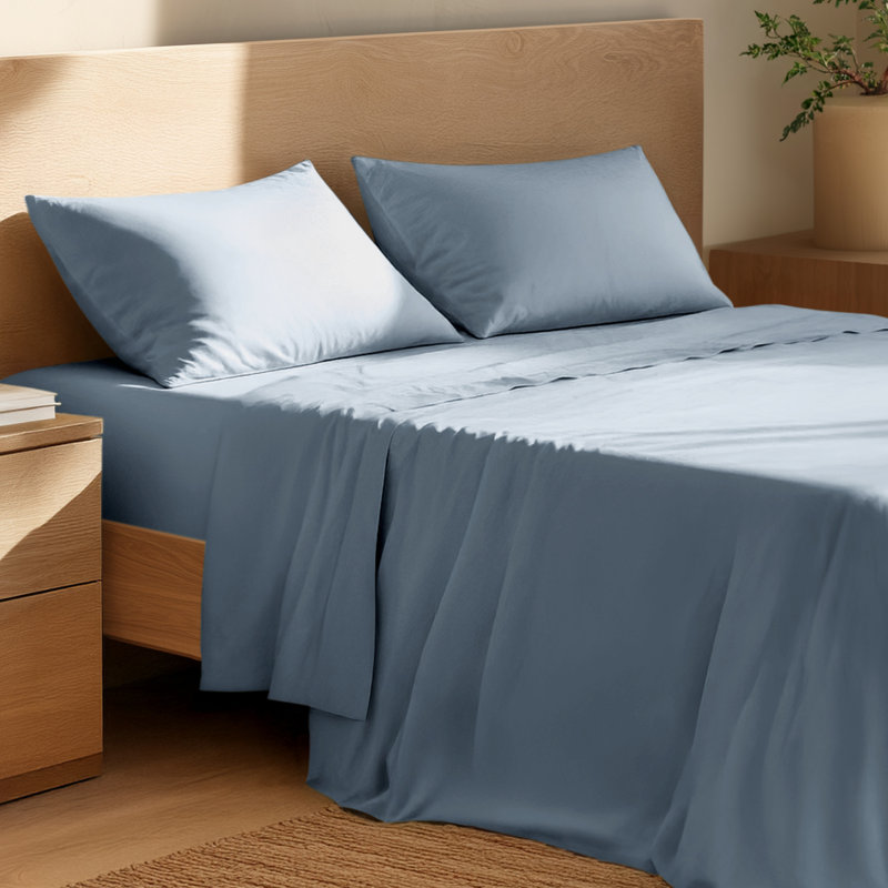 Ensemble de draps 100% coton percale, Ensemble de draps double / double avec 2 taies d'o, Bleu cendré
